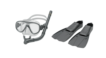 A set of gray snorkeling gear including a mask with snorkel and a pair of swim fins on black background