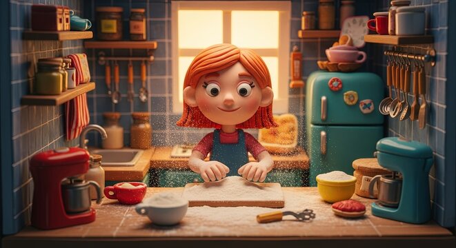 Playful claymation girl make a food in a colorful kitchen full of warm morning light.