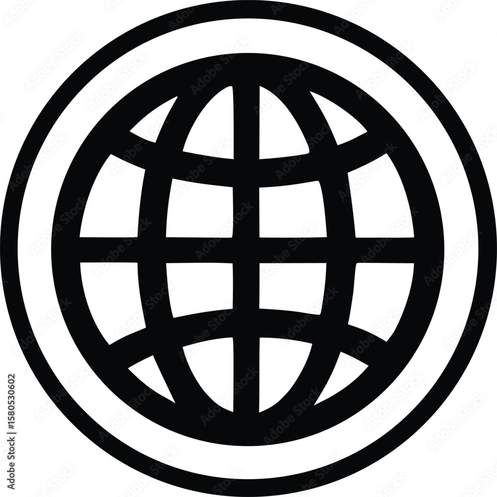 Poster a bold black and white graphic icon representing a stylized globe with intersecting lines within a d