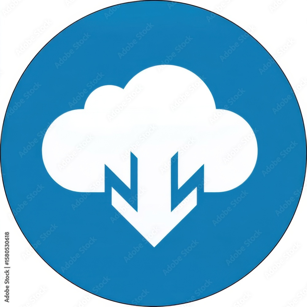 Poster circular icon with solid blue background featuring white cloud shape at center and three downward-fa