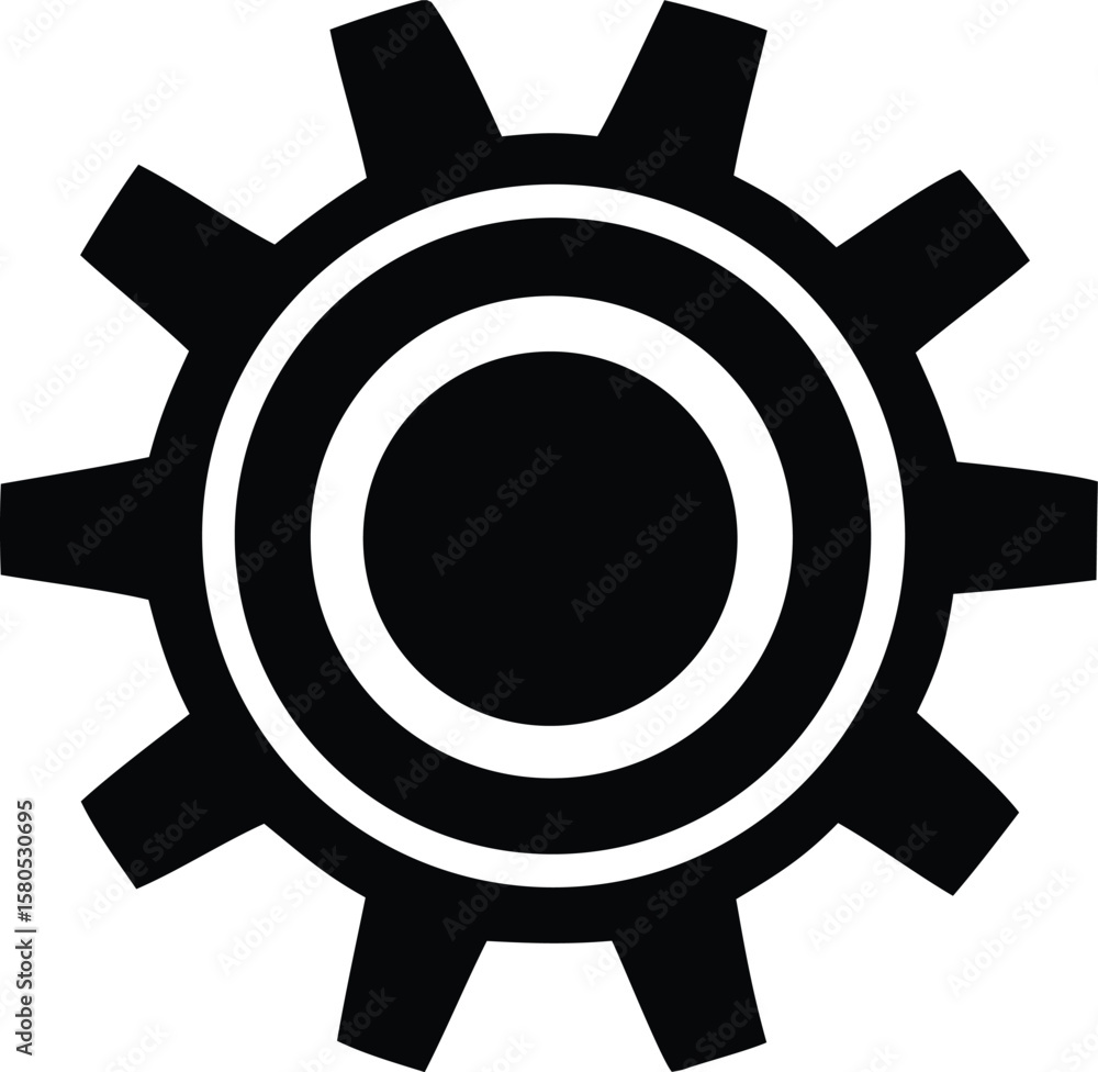 Poster a simple black and white graphic icon representing a gear with multiple teeth and concentric circles