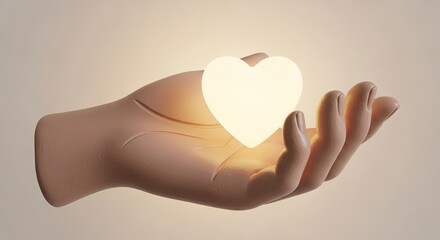 Obraz premium Minimalist claymation-style hand holding a glowing heart against soft pastel background.