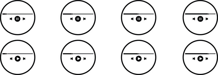 Media player controls icons set, collection and group of play, pause, stop, forward, backward, and progress bar buttons in outline circle vector style for digital design projects