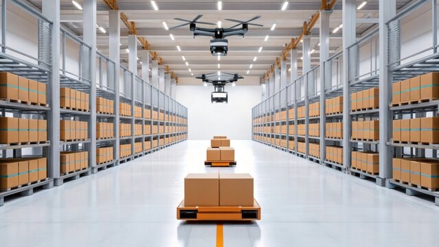 A modern warehouse with shelves full of boxes, automated robots carrying packages, and drones flying overhead for efficient inventory management.