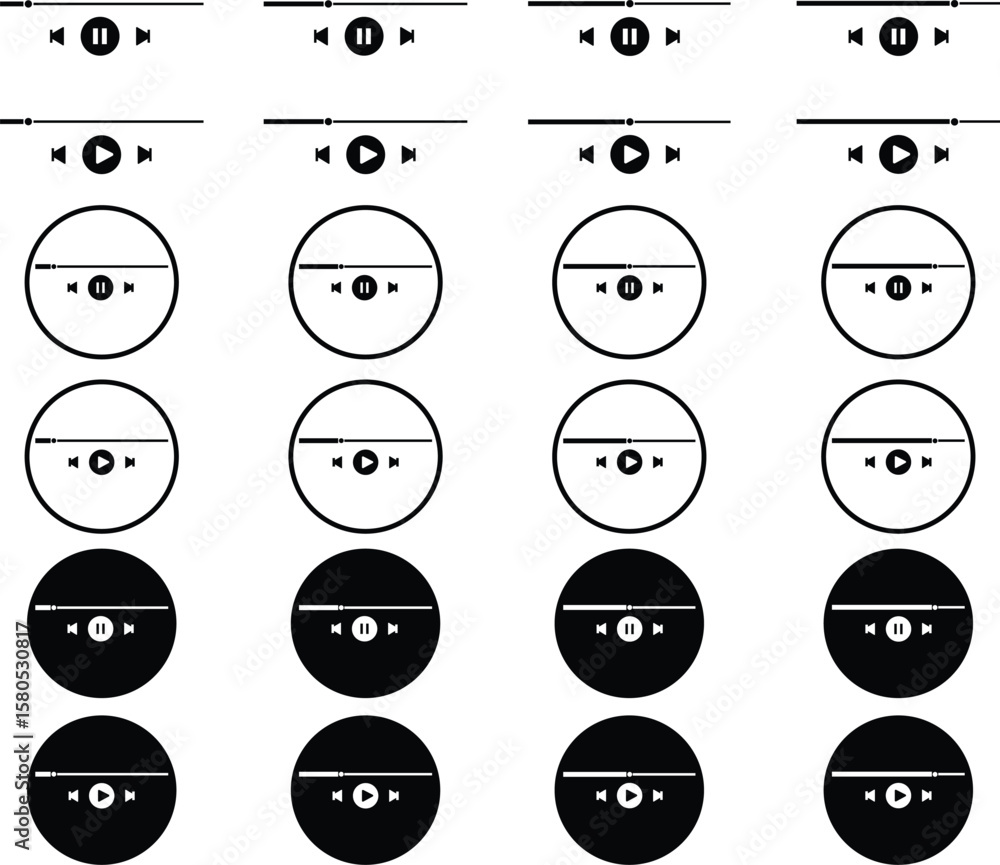 Poster media player controls icons set, collection and group of play, pause, stop, forward, backward, and p