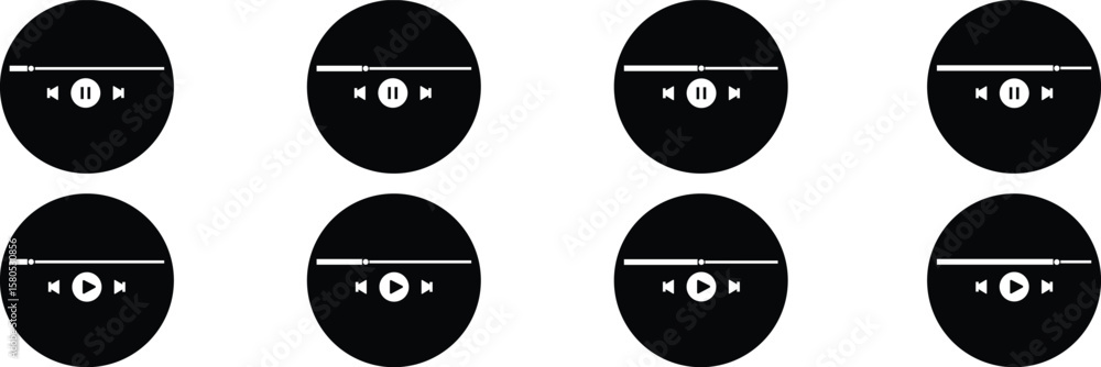 Poster media player controls icons set, collection and group of play, pause, stop, forward, backward, and p