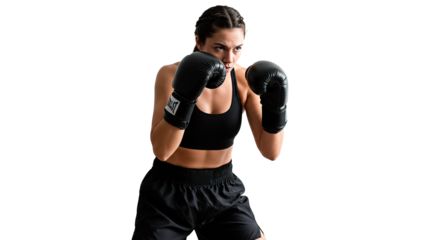 Woman in black sports bra and shorts wearing boxing gloves in a fighting stance looking determined