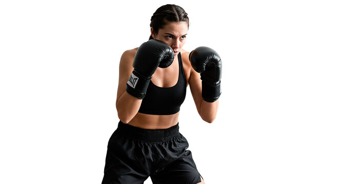 Woman in black sports bra and shorts wearing boxing gloves in a fighting stance looking determined
