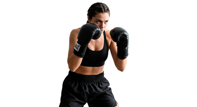 Woman in black sports bra and shorts wearing boxing gloves in a fighting stance looking determined