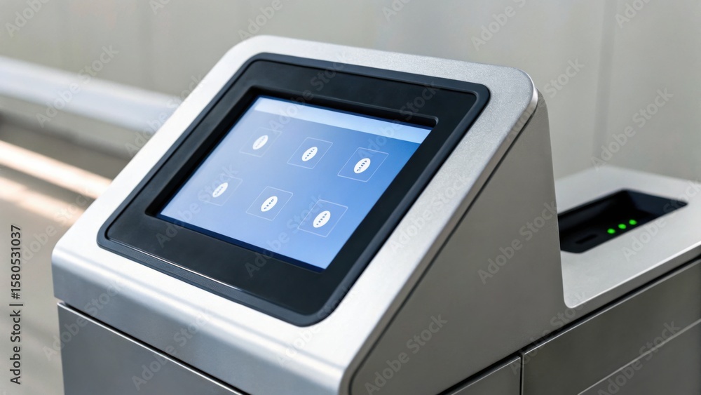 Poster a sleek, modern touchscreen access control system installed on a turnstile gate, used for secure ent
