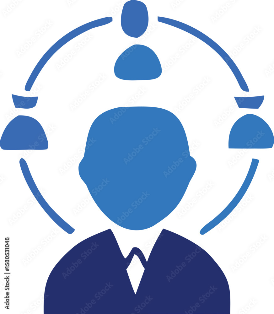 Poster abstract representation of a central figure connected to a network of smaller figures in a circular 