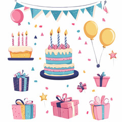 A cute birthday party clipart collection with pastel balloons and cake, designed for printable greeting cards and party invitations