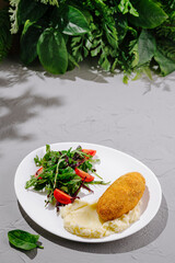 Tasty meal with crispy croquette, creamy mash, and fresh salad