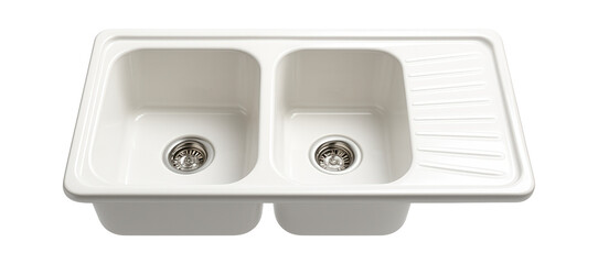 A ceramic double basin sink with an elegant drainboard, ideal for a rustic kitchen in a cottage.