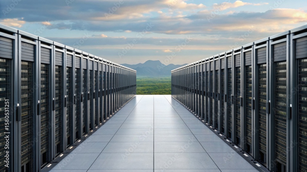 Poster a modern outdoor data center with rows of server racks facing a scenic mountain landscape under a pa