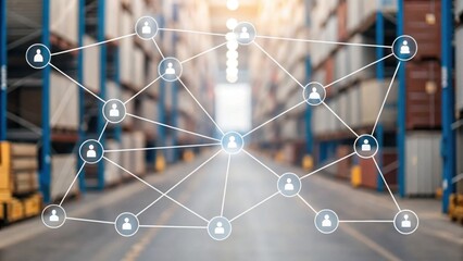 A digital network of interconnected user icons overlays a blurred warehouse background, symbolizing communication and collaboration in logistics or supply chain.