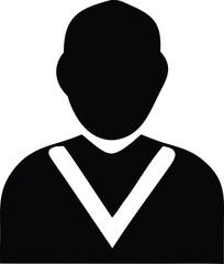 Stylized black silhouette of a person wearing a graduation cap and gown with a white v shaped sash representing academic achievement and success