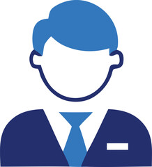 Stylized blue icon of a person in a suit and tie representing a professional or business individual with a clean modern design