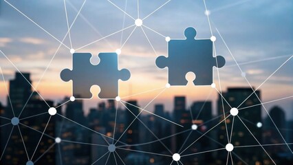 Two puzzle pieces connected by network lines over a blurred cityscape at sunset, symbolizing connectivity and collaboration.
