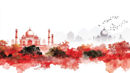 Beautiful watercolor illustration of famous monument surrounded by vibrant red trees and soft mist, evoking serene atmosphere