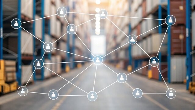 A digital network of interconnected user icons overlays a blurred warehouse background, symbolizing communication and collaboration in logistics or supply chain.