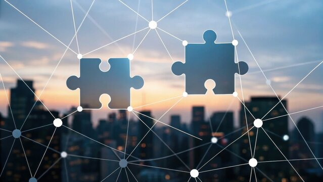Two puzzle pieces connected by network lines over a blurred cityscape at sunset, symbolizing connectivity and collaboration.