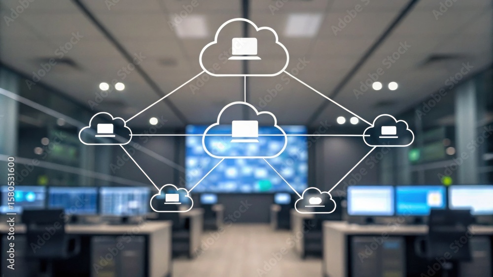 Poster illustration of cloud computing network connections superimposed on a blurred modern office workspac
