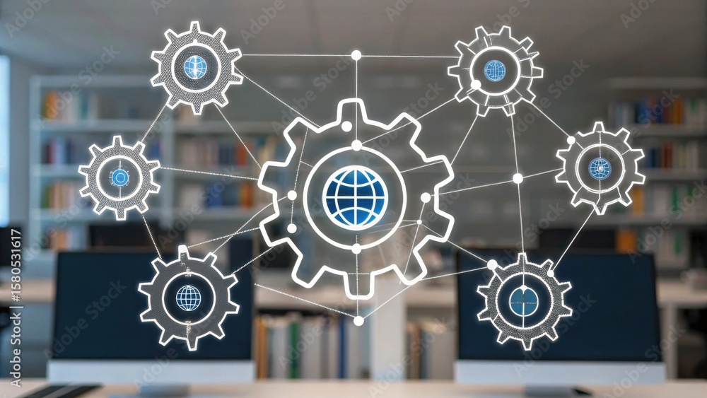 Poster transparent gear icons connected by lines represent global network and technological integration in 