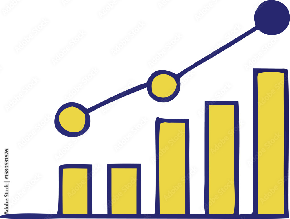 Poster simple hand drawn bar chart with a rising line graph showing positive growth and increasing trends i