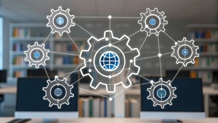 Transparent gear icons connected by lines represent global network and technological integration in a modern office setting.