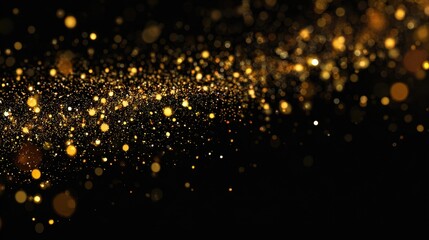 Stunning photo of sparkling dust particles. Gold sparkle splatter border .Festive background with gold glitter and confetti for celebration. Background with glowing golden.