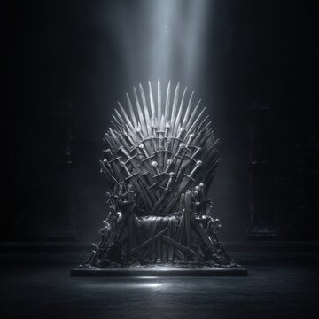Stunning photo of medieval iron throne of kings made of weapons: swords, daggers, spears, knives blades. Misterious low key middle ages fantasy background design element. Dark.