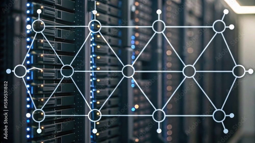 Poster a close-up of server racks with a network diagram overlay, symbolizing data connectivity and digital