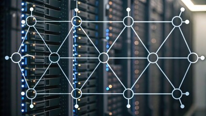 A close-up of server racks with a network diagram overlay, symbolizing data connectivity and digital infrastructure.