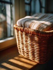 Obraz premium Beige Striped Towel in Brown Wicker Basket on Window Sill