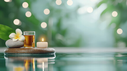 Serene spa setting featuring glass of essential oil, lit candle, and flower on smooth stone, creating calming atmosphere