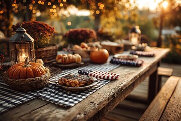 Naklejka premium Warmly lit wooden picnic table set with pumpkins, apples, grilled dishes, and American flag napkins, capturing early fall cozy atmosphere.