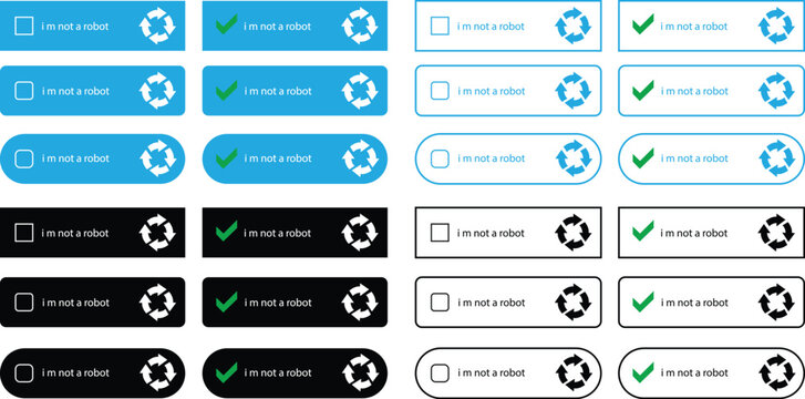 I'm not a robot CAPTCHA icons set in flat, outline, solid, and colorful vector styles. Verification button group, security check collection, human validation, web form, and login symbols