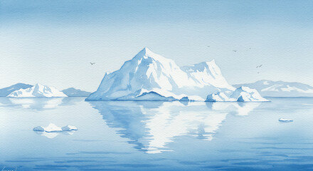 Watercolor iceberg floating in icy ocean with reflections and cold atmospheric tones