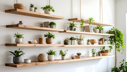 Natural Greenery Decor On Wooden Shelves Against White Wall