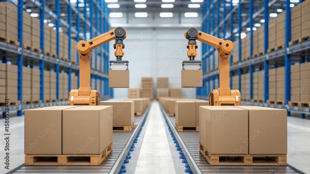 Poster automated robotic arms handling cardboard boxes on pallets in a modern warehouse with organized shel