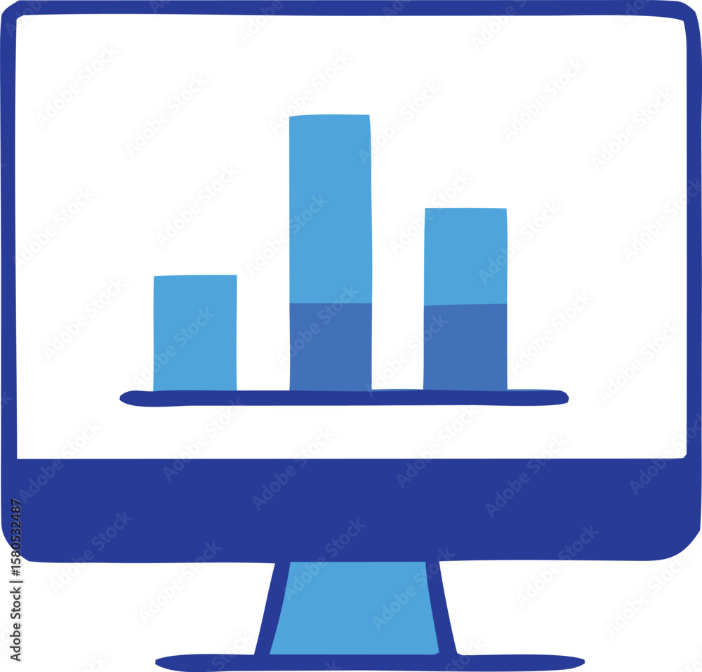 Poster simple illustration of a computer monitor displaying a bar graph with varying blue shades on a white