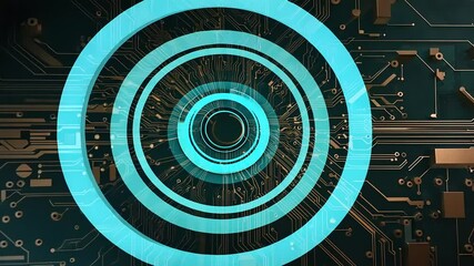 Abstract image depicting concentric turquoise circles overlaid on a detailed copper-toned circuit board, suggesting technological advancement or data processing - Powered by Adobe