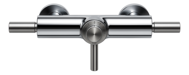 Wall-mounted thermostatic mixer tap with a dual lever design, perfect for controlling water temperature in an apartment shower.