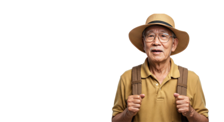 Elderly Asian man smiling while hiking outdoors with backpack and hat