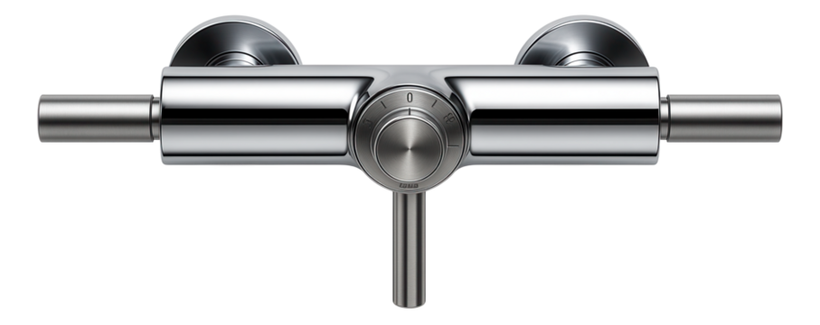 Wall-mounted thermostatic mixer tap with a dual lever design, perfect for controlling water temperature in an apartment shower.