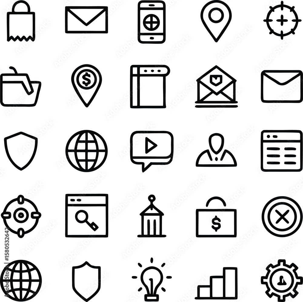 Poster a collection of simple black line art icons representing various business and digital concepts inclu