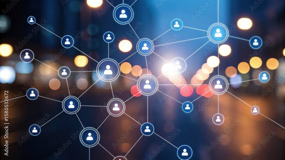 Poster a digital network of interconnected user icons representing social or professional connections again