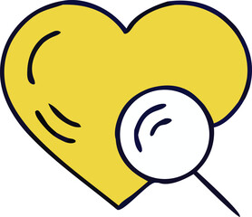 A stylized yellow heart with a dark blue outline is examined closely by a magnifying glass with a dark blue handle and rim
