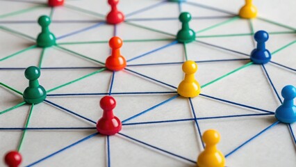 A network of colorful push pins connected by strings represents interconnected nodes and relationships in a system or social network.